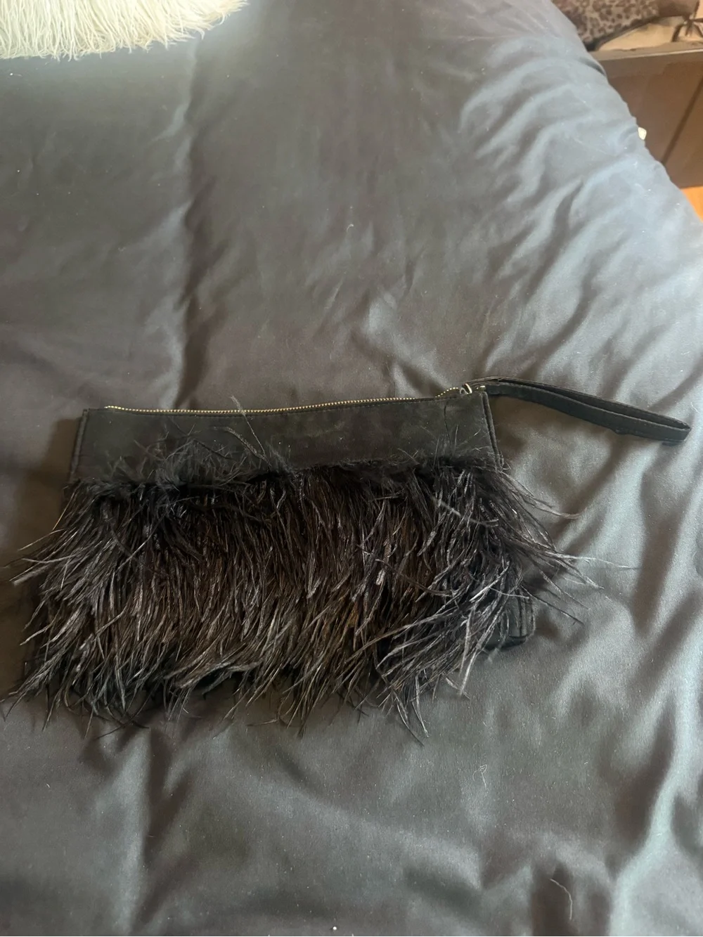 Black Feather Trim Wristlet Clutch